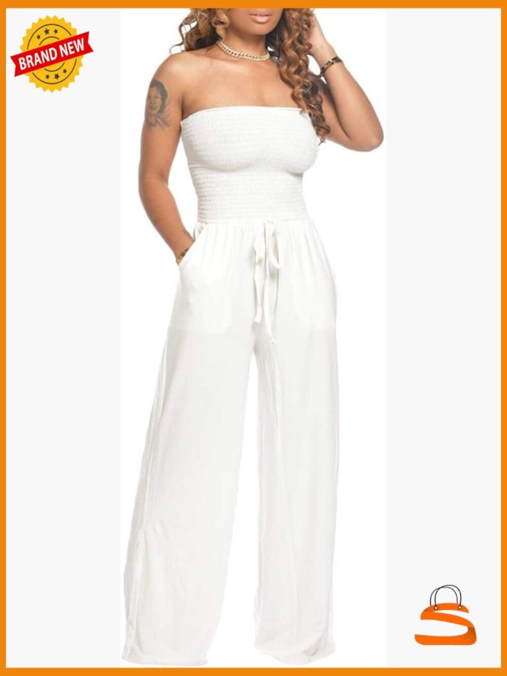 Women's Strapless Tube Top Rompers Casual Off Shoulder Belted Wide Leg Jumpsuit